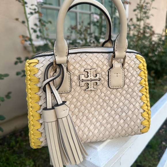 Tory Burch Thea Woven Cream and Yellow Satchel Mini - Picture 1 of 4